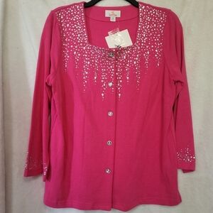 Quacker Factory Hot Pink Cardigan with Crystals and Studs  Size Medium NWT